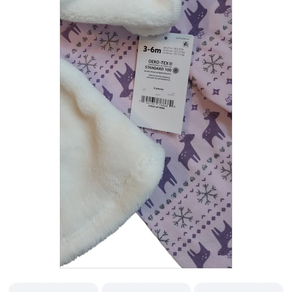NWT Carter's White Fleece Smock Hoodie and Purple Deer Leggings ~3-6 M